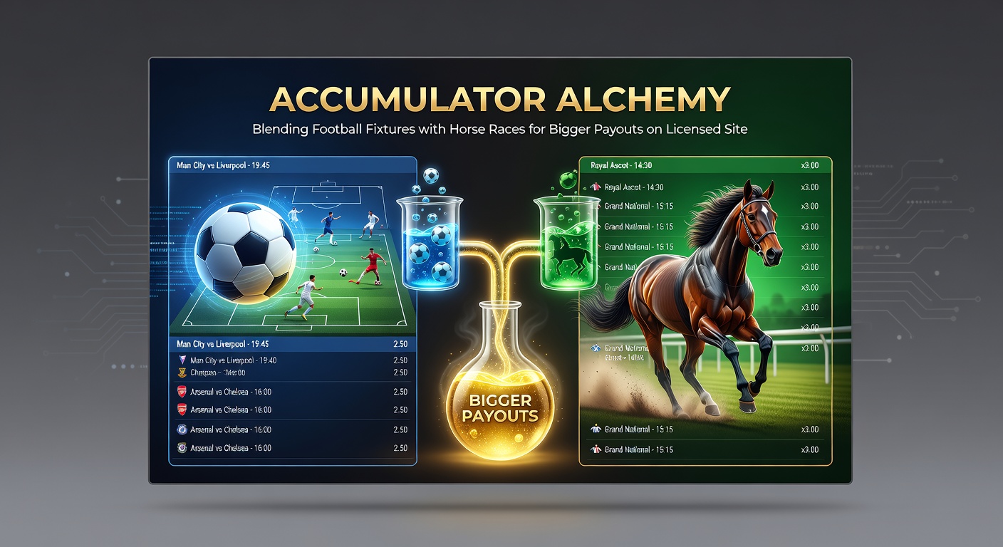 Infographic illustrating payout growth from a four-leg football acca exploding into 100/1 territory with added horse racing selections