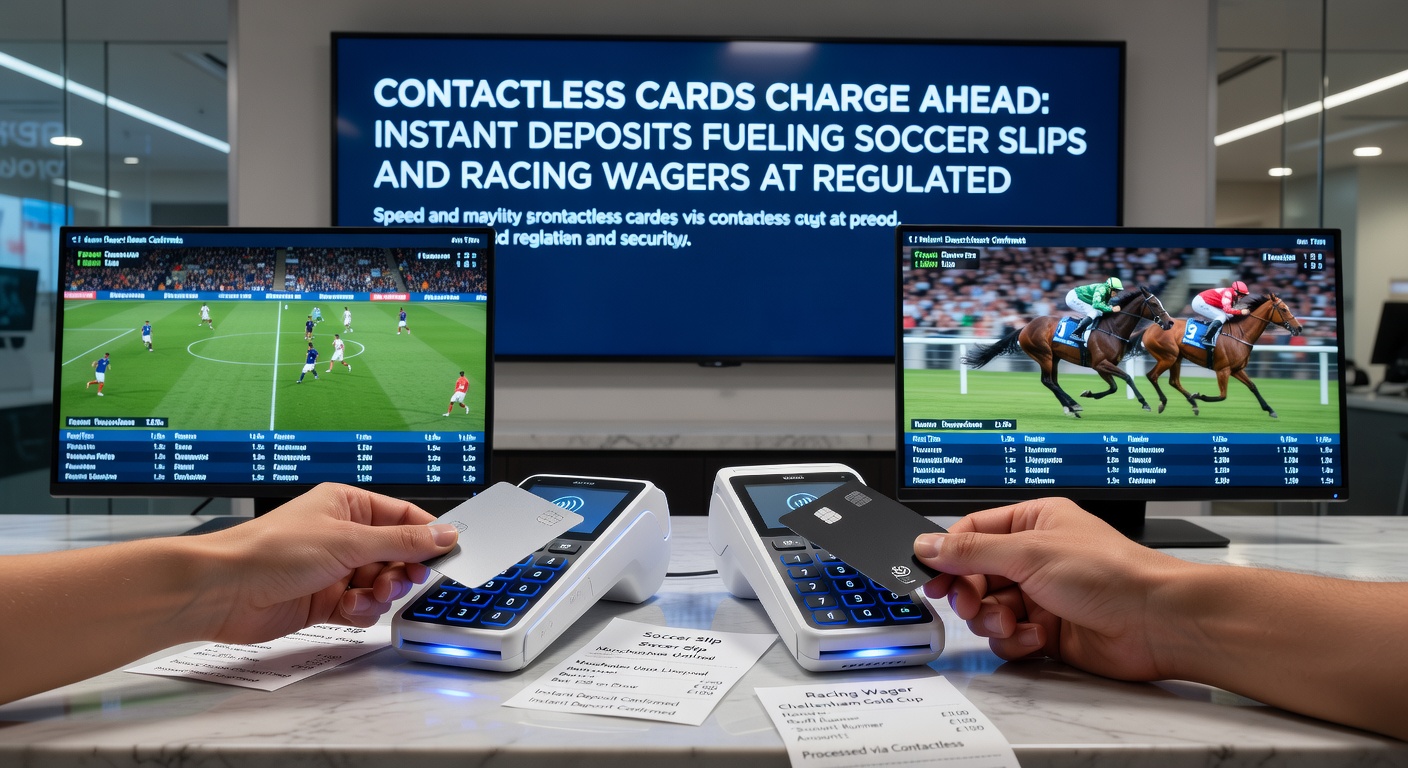 Horse racing bet slip on a smartphone screen with a contactless card nearby, showing a winning accumulator payout