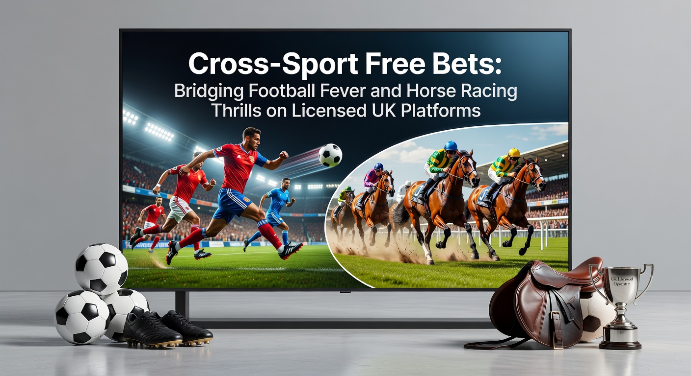 Dynamic graphic of free bet icons overlaying football stadiums and galloping horses, symbolizing seamless cross-sport promotions