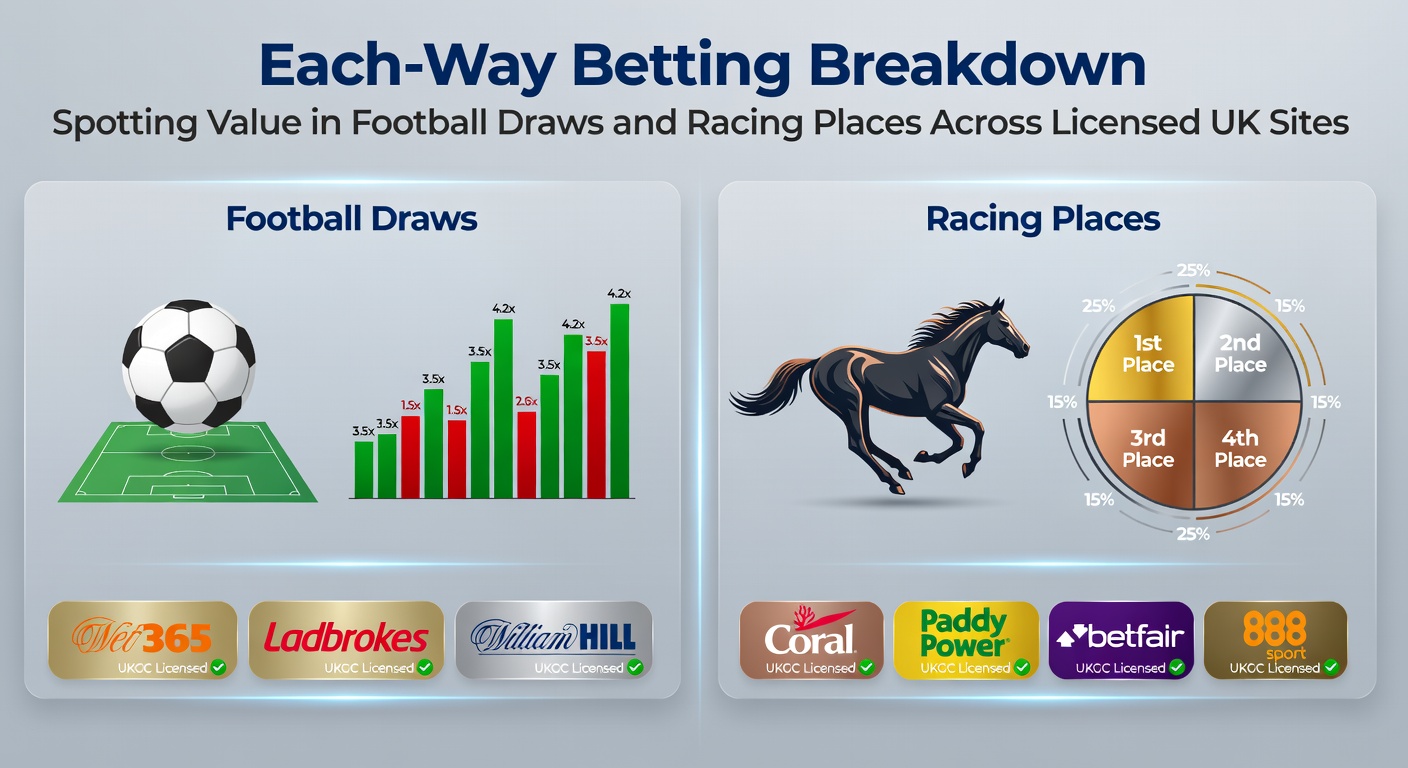A vibrant split-image showing a tense football match ending in a draw alongside a horse race with multiple placers crossing the finish line, highlighting each-way betting opportunities on UK sites