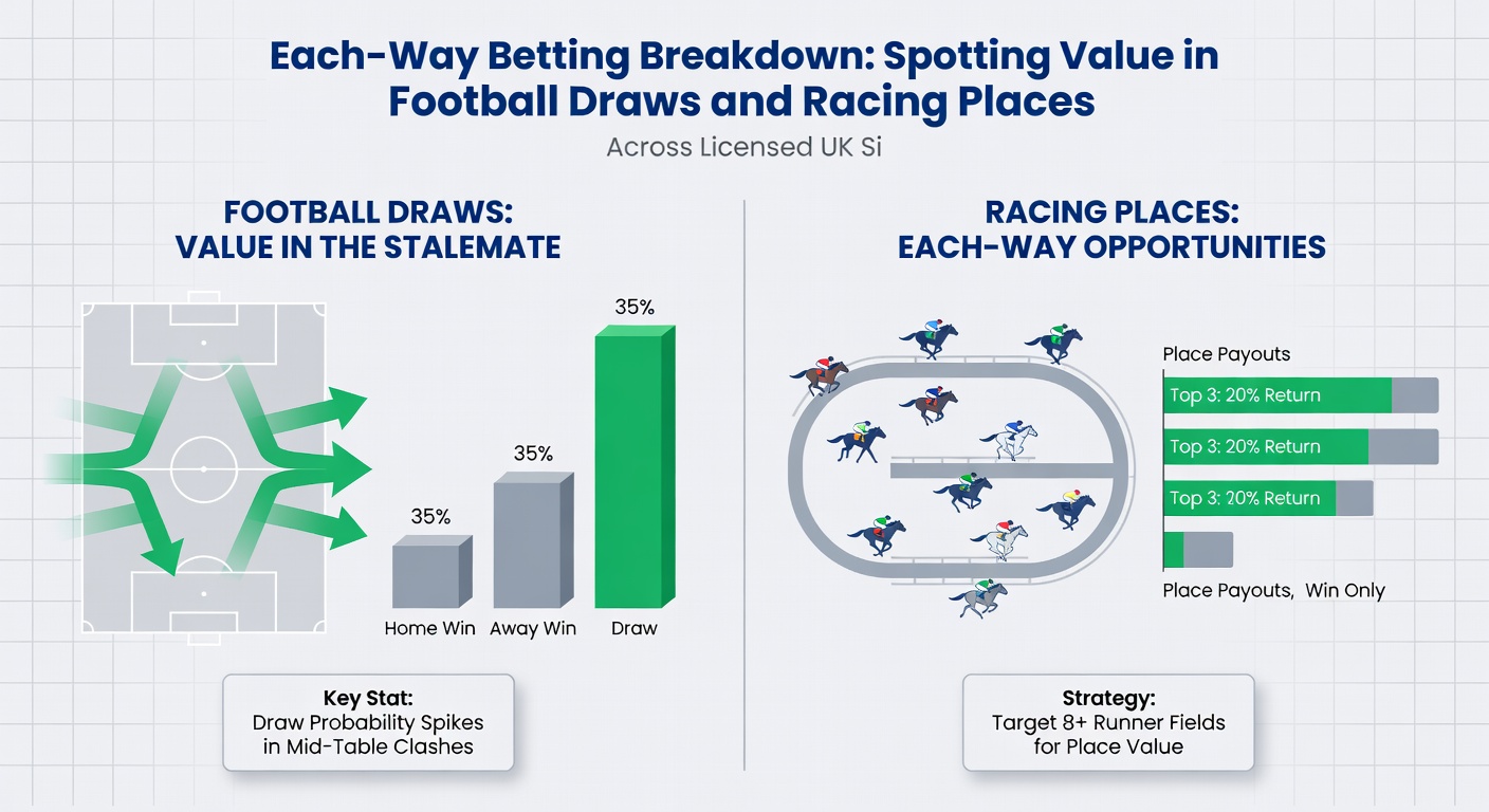 Close-up of a betting slip showing each-way selections on a football draw and a horse racing place, with odds displayed on a UK-licensed bookmaker interface