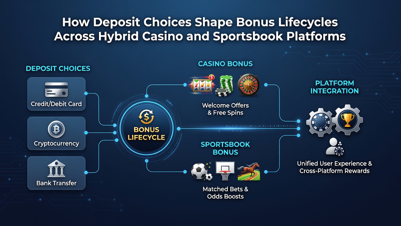 Diagram depicting bonus lifecycle stages from deposit to expiry across sportsbook and casino sections