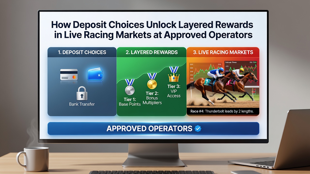 Screenshot showing layered reward tiers displayed on a mobile live horse racing betting app after successful deposit