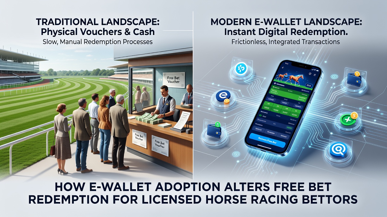 Bettor using mobile device to redeem a free bet on a horse racing event via e-wallet