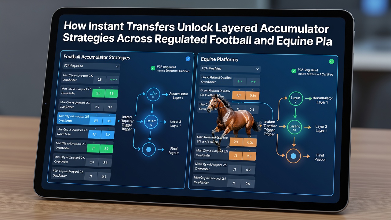Diagram showing layered accumulator construction across football matches and horse races using instant transfers