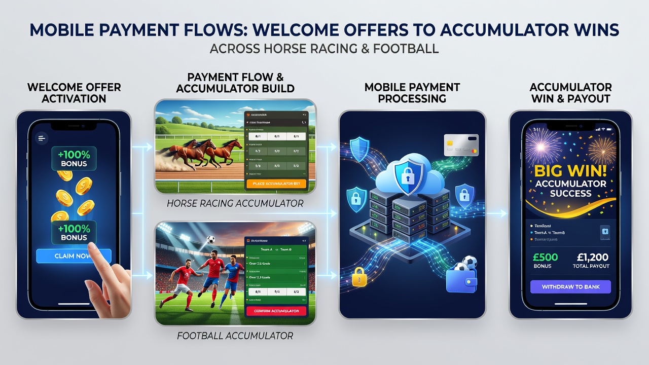Accumulator bet slip on mobile showing combined horse racing and football selections funded by welcome offer