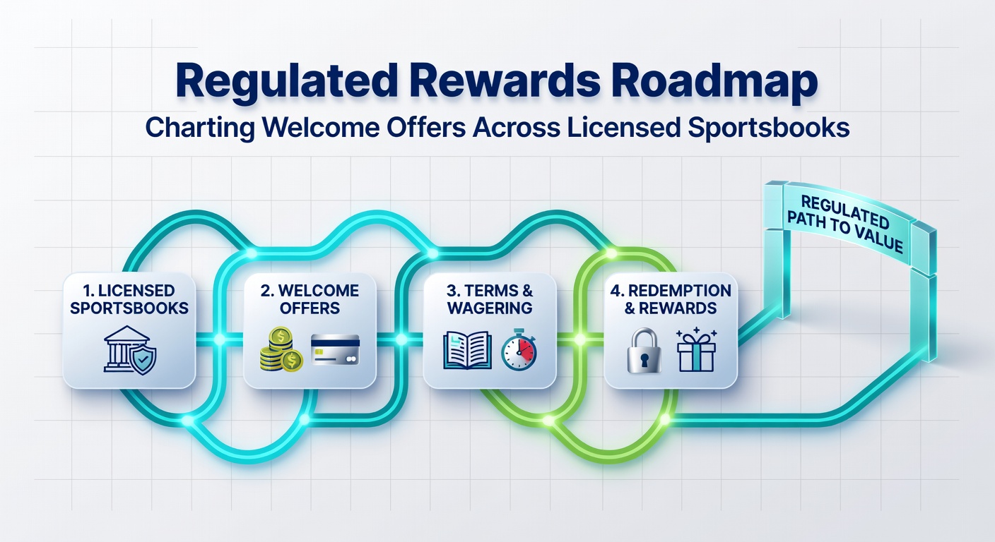 Infographic roadmap illustrating welcome offer paths from signup to cashout across global regulated sportsbooks, with icons for matches, free bets, and wagering milestones