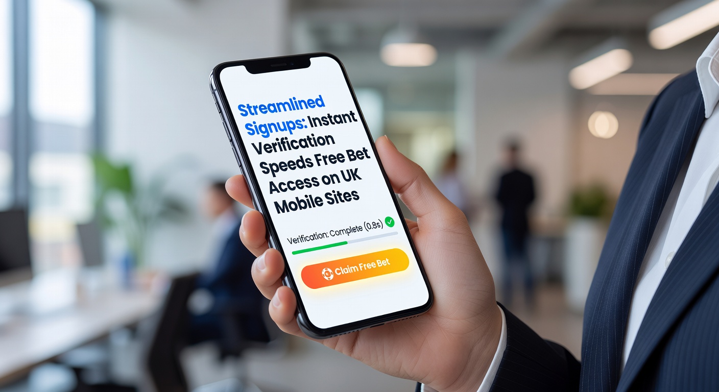 Mobile phone screen displaying a quick signup process with instant ID verification for a UK betting app, highlighting free bet offers activating immediately