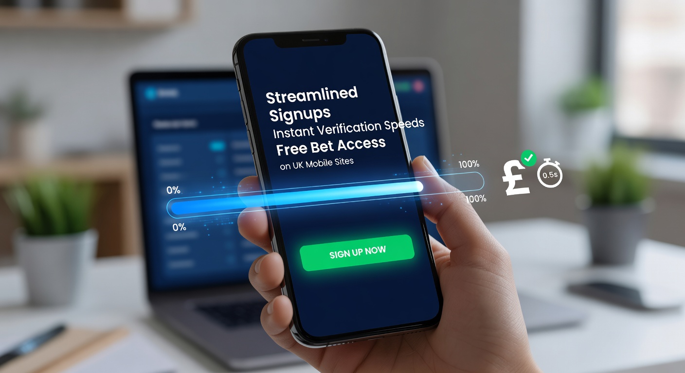 Close-up of a user's hand holding a smartphone, showing a successful instant verification tick and a free bet bonus credited instantly on a UK betting site interface