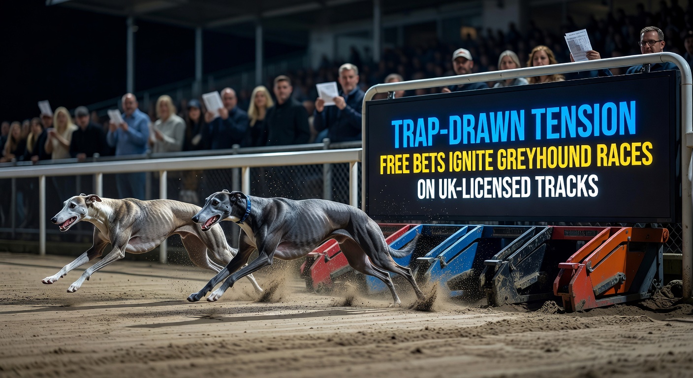 Greyhounds bursting from traps at a UK track, capturing the raw tension of the draw