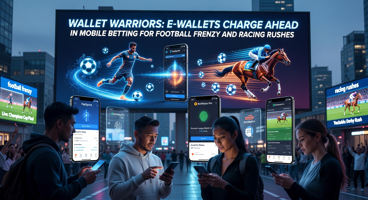 Horse racing track with overlay of e-wallet app on smartphone screen during a live race